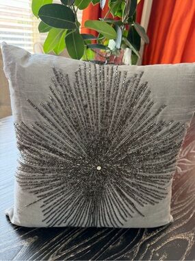 Set of Two Beaded Decorative Pillow - Silver Gray